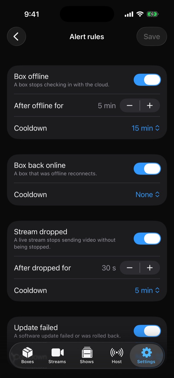 Alert rules for box offline, box back online and stream dropped, each with timing and cooldown controls