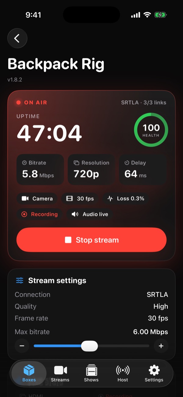 Box detail screen: live uptime, health ring, bitrate, resolution and delay, with recording and audio status and a Stop stream button