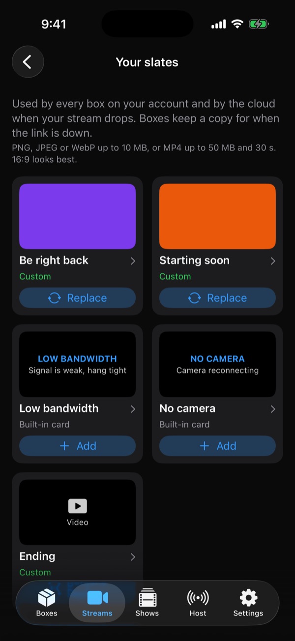 Slates screen with Be right back, Starting soon, Low bandwidth, No camera and Ending cards