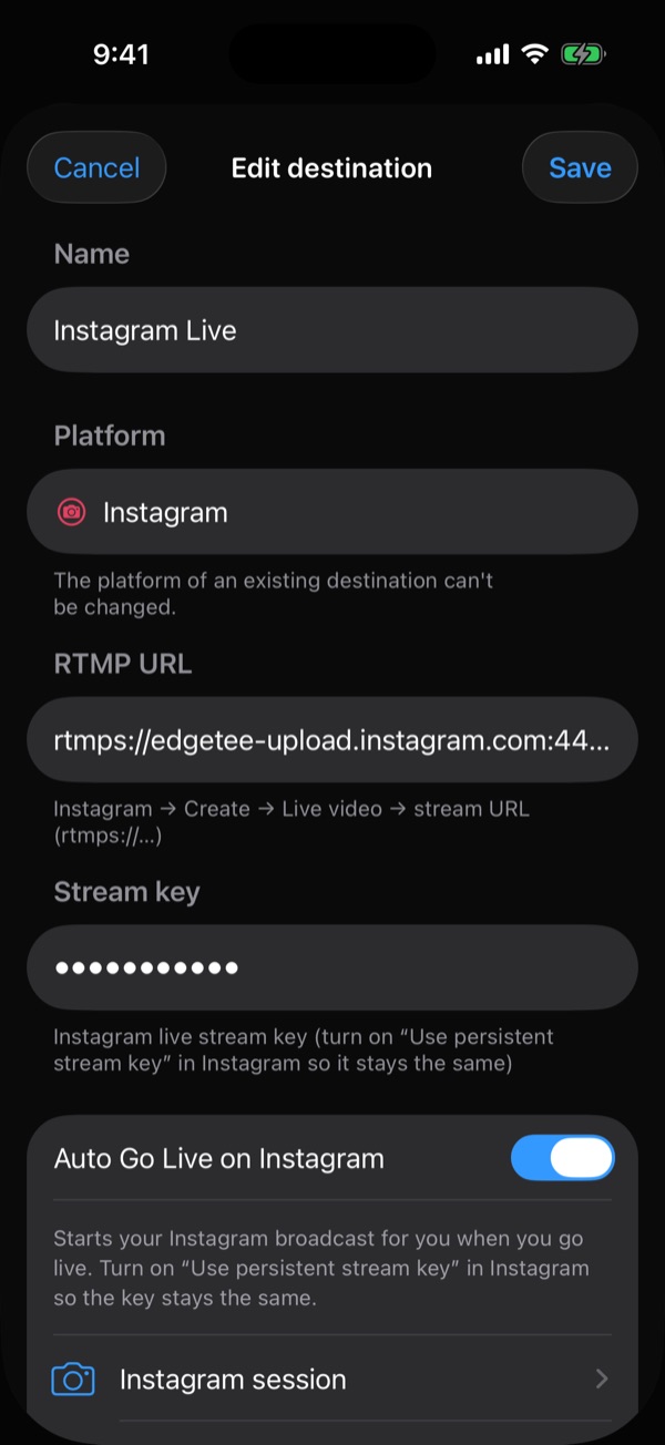 Instagram destination settings with a masked stream key and the Auto Go Live on Instagram toggle