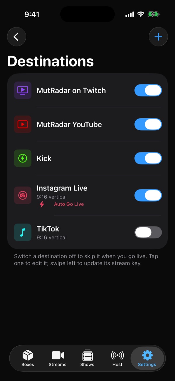 Destinations list with toggles for Twitch, YouTube, Kick, Instagram Live 9:16 vertical with Auto Go Live, and TikTok 9:16 vertical
