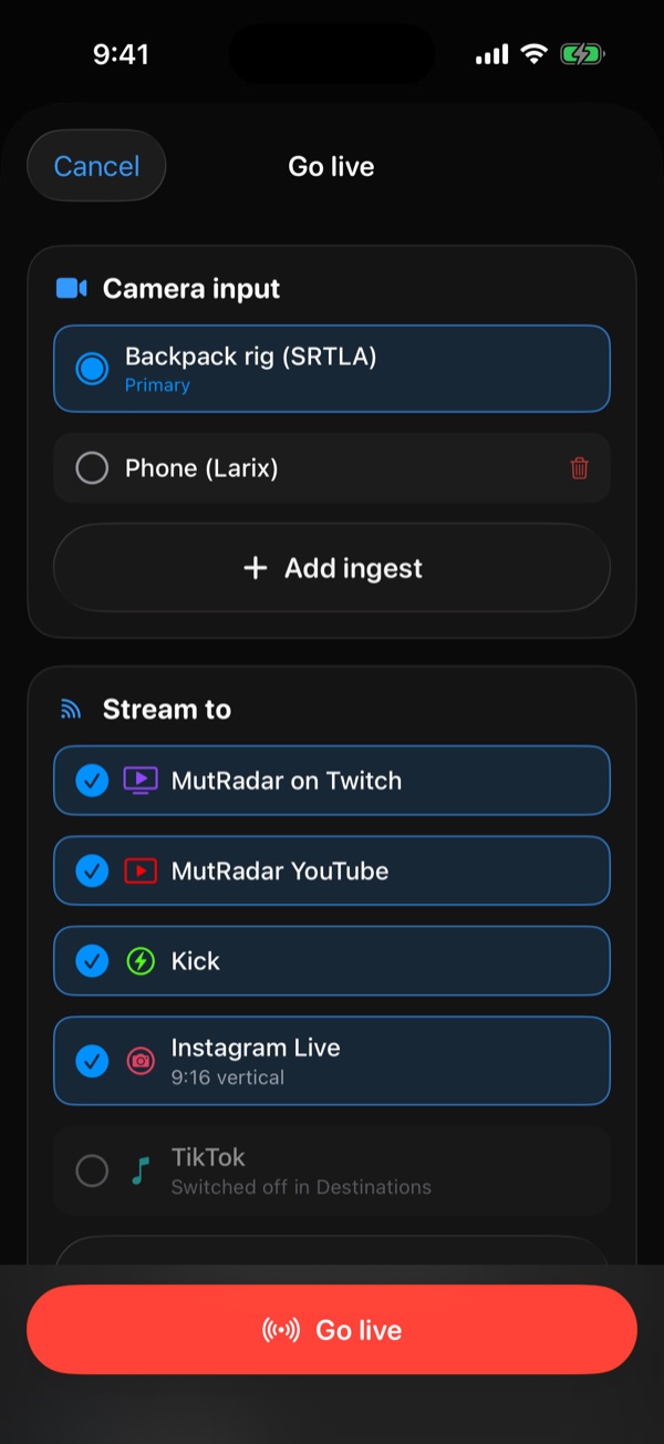 Go live sheet: pick the camera input, then the platforms to stream to — Twitch, YouTube, Kick and Instagram Live in 9:16 vertical