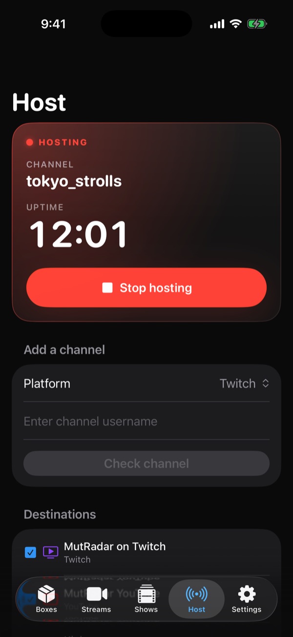 Host tab hosting the channel tokyo_strolls for 12 minutes with a Stop hosting button