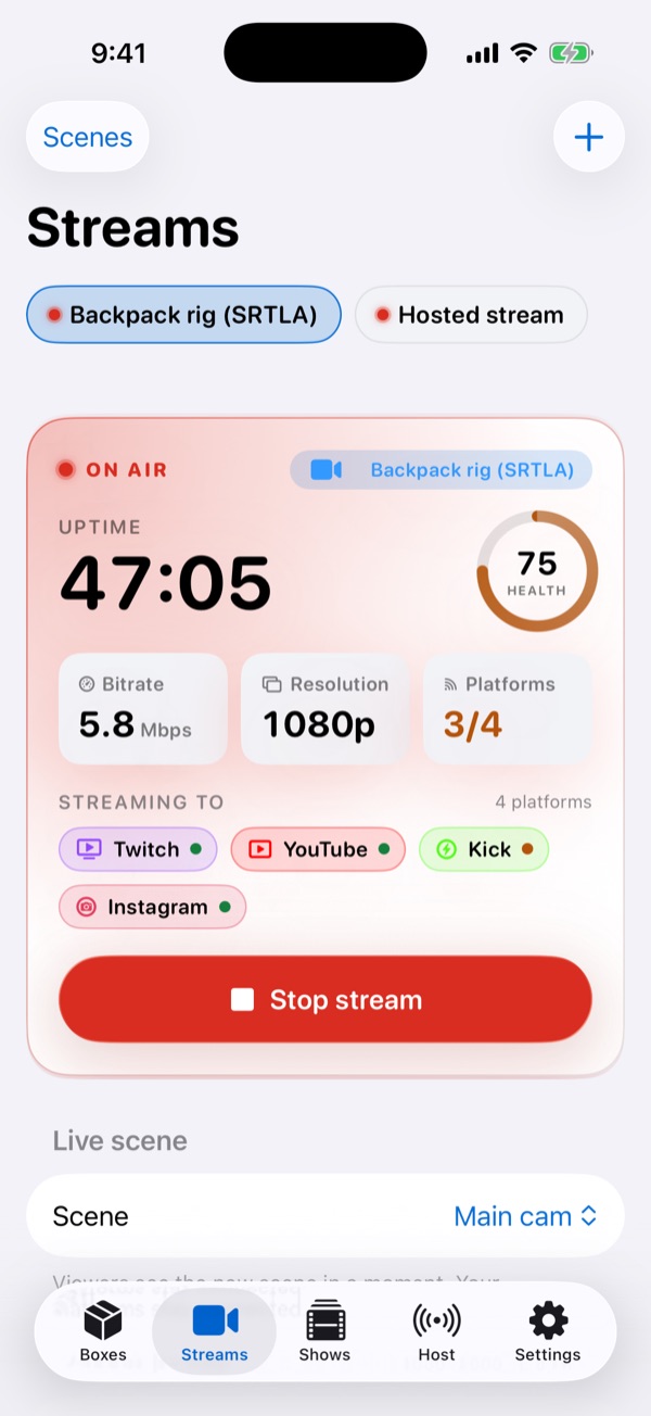 Streams control room in light mode with health, bitrate and per-platform status