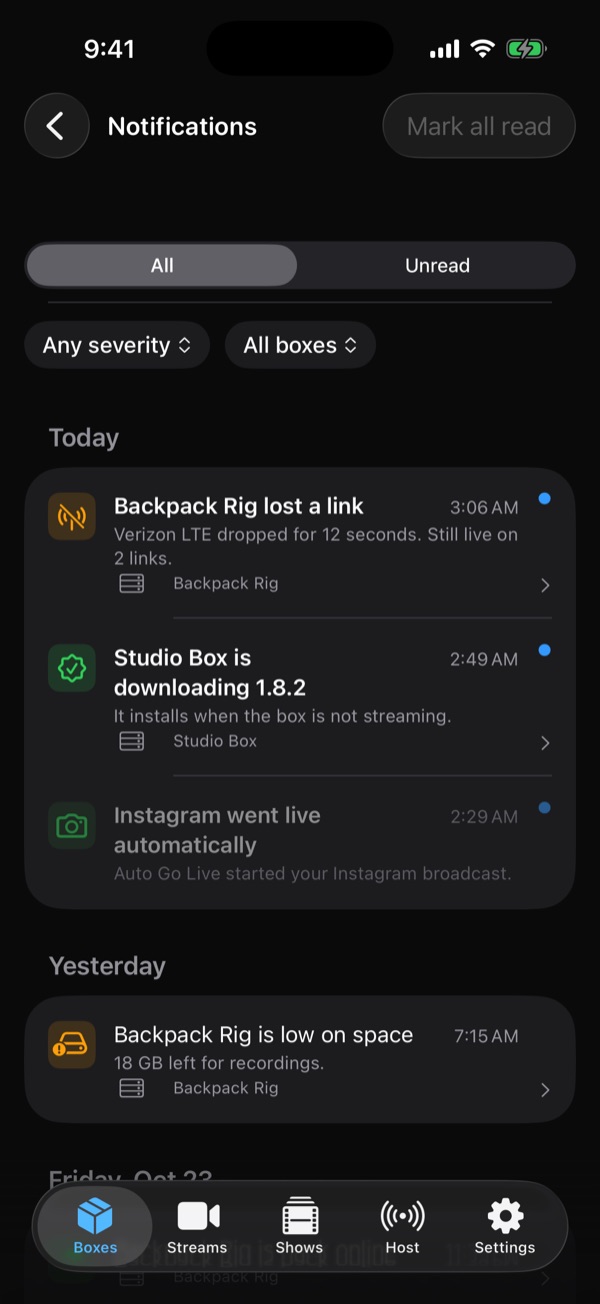 Notifications feed: a lost link on the backpack rig, a box update downloading and Instagram going live automatically