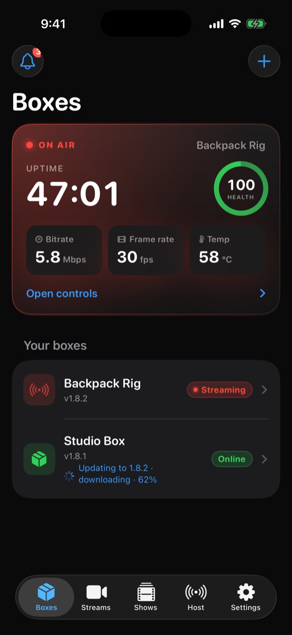 IRLStream iOS Boxes tab: Backpack Rig on air for 47 minutes with a 100 health score, 5.8 Mbps bitrate, 30 fps and 58°C box temperature