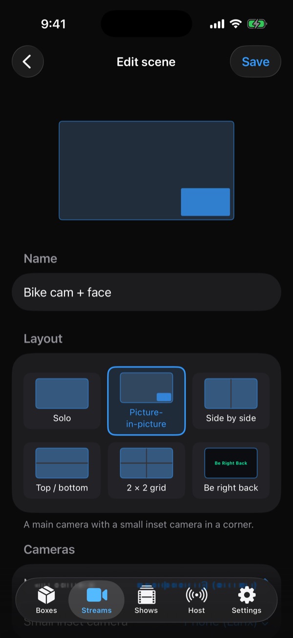 Scene editor with layouts: solo, picture-in-picture, side by side, top/bottom, 2×2 grid and be right back