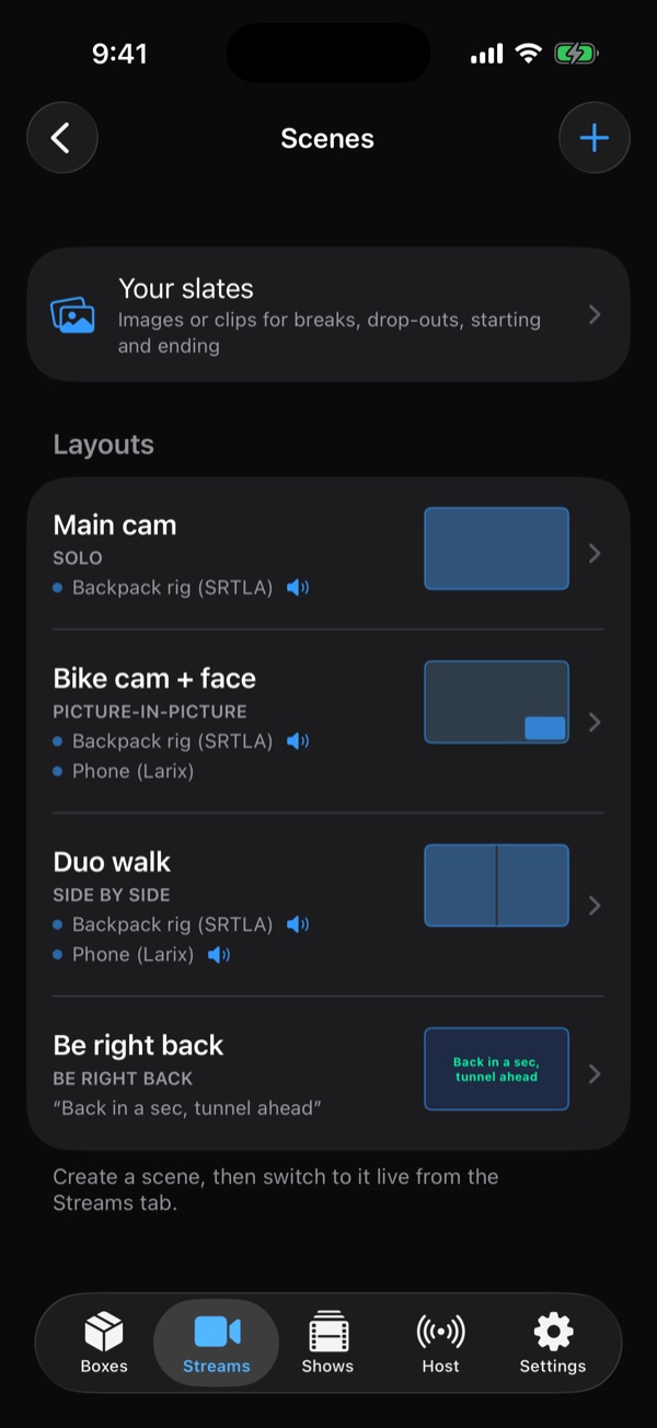 Scenes list: Main cam solo, Bike cam + face picture-in-picture, Duo walk side by side, and a Be right back slate