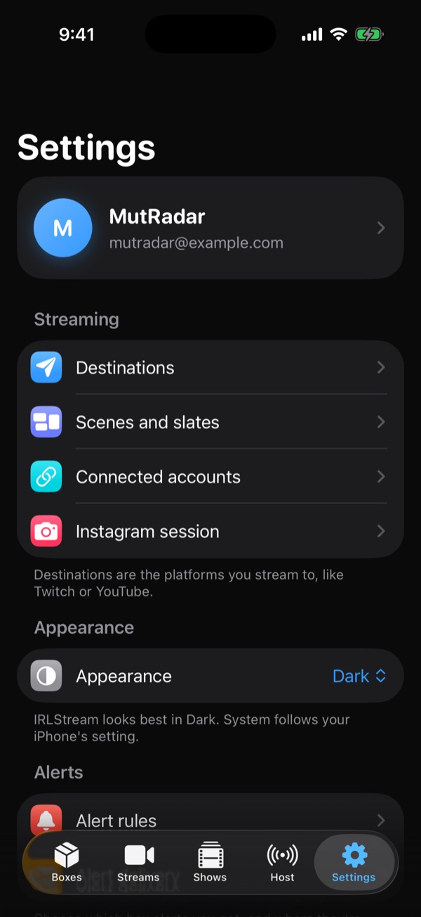 Settings: account, destinations, scenes and slates, connected accounts, Instagram session, appearance and alert rules
