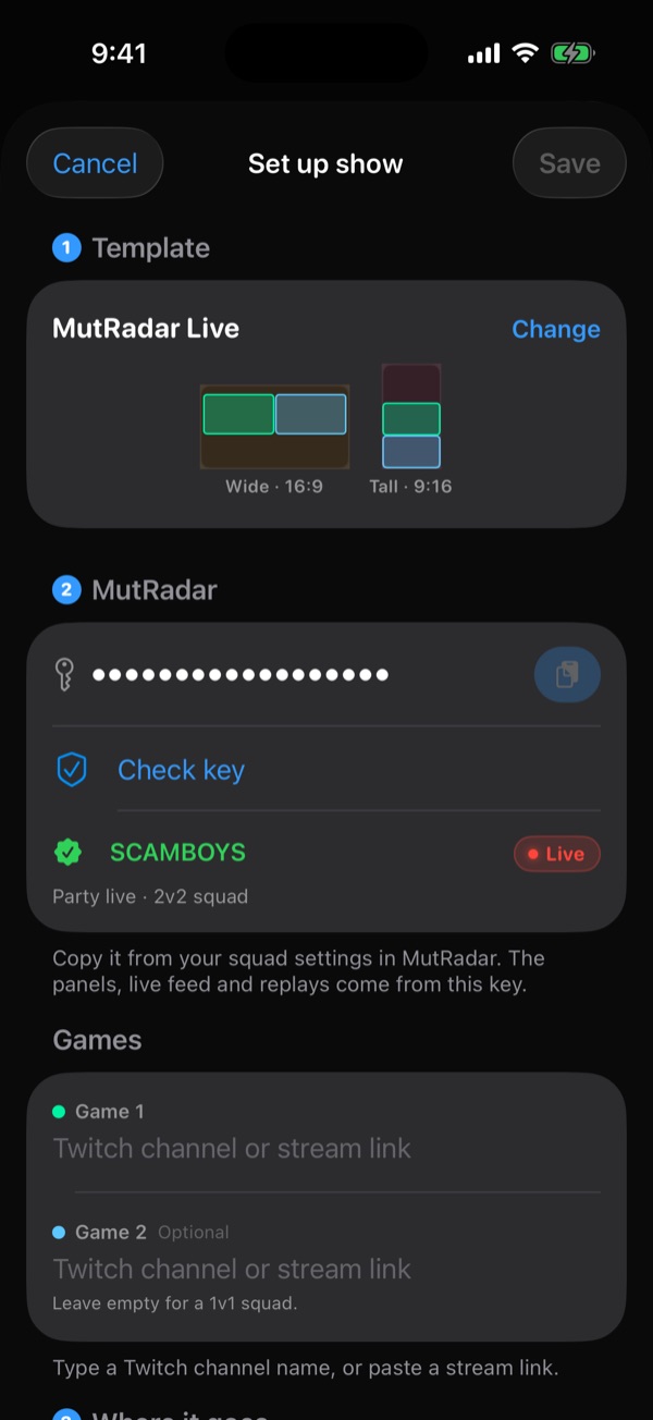 Show setup with a masked MutRadar key, a passing key check for a live party, and game source fields