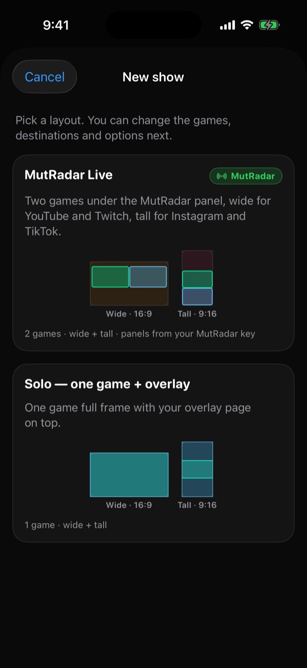 New show picker with the MutRadar Live template — wide 16:9 and tall 9:16 layouts — and a solo game with overlay