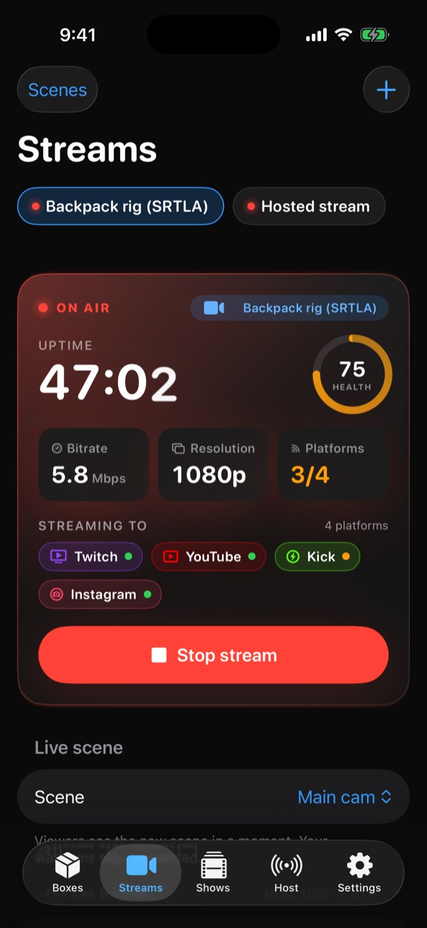 Streams control room: on-air uptime, health ring, bitrate, 1080p resolution and per-platform status for Twitch, YouTube, Kick and Instagram