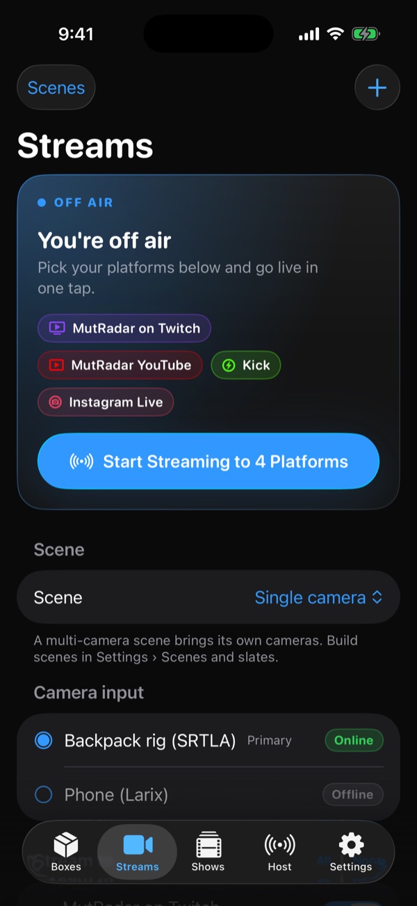 Off-air Streams tab with a one-tap Start Streaming to 4 Platforms button and scene and camera pickers