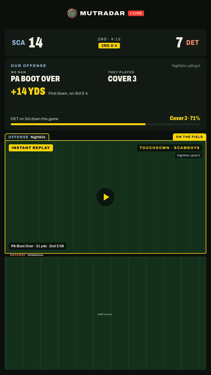 MutRadar Live tall layout for phones: score bar and MutRadar board on top, both games stacked below